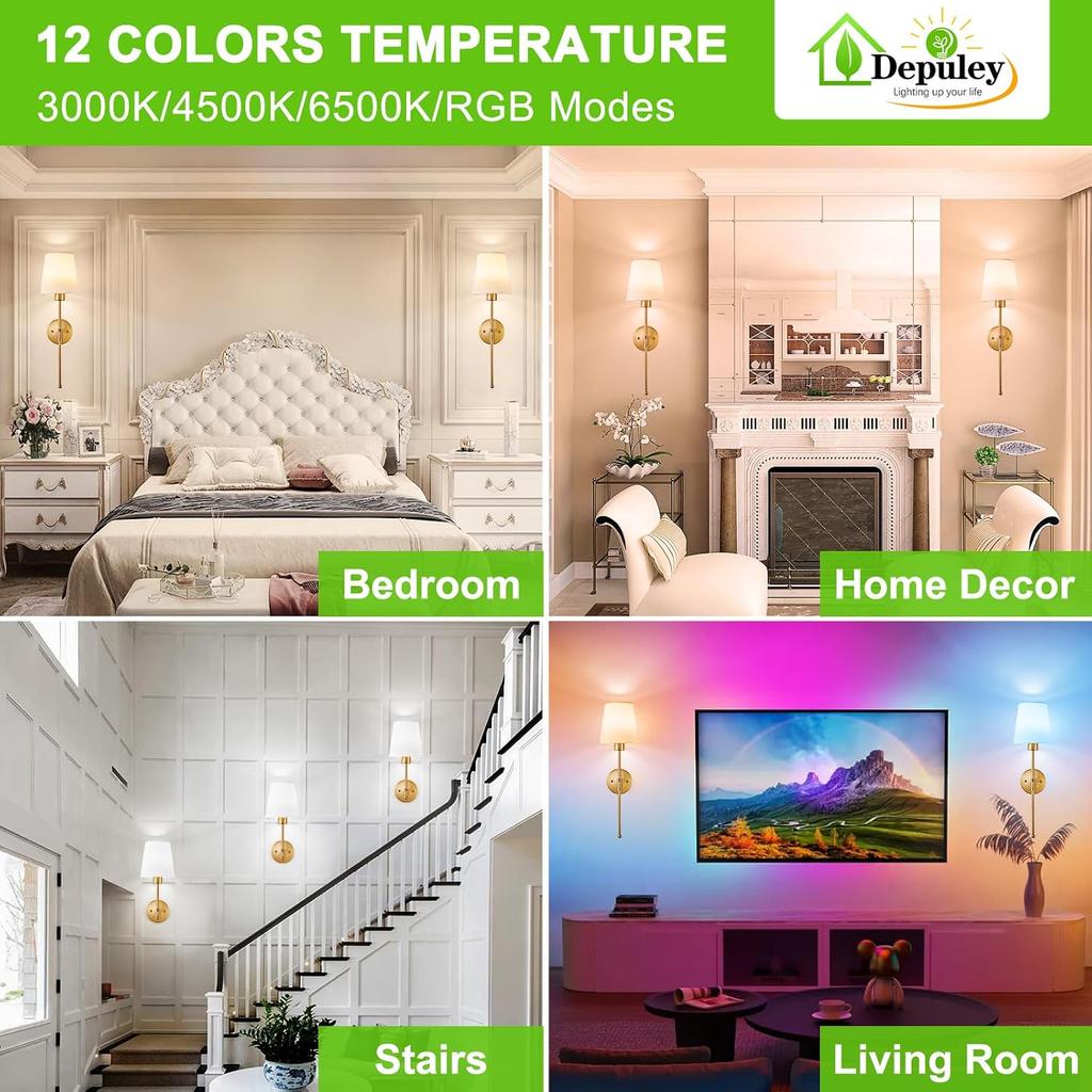 Depuley Battery Operated Wall Sconce: Set of 2 Wireless Wall Lights with 10000mAh Dimmable Bulbs and Remote for Bedroom - Rechargeable 15 Colors Gold