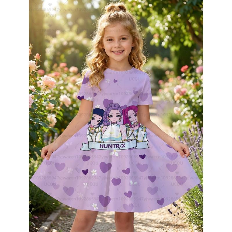 Summer Cute Kpop Demon Hunters Child Short Sleeve Adult Kids Tee Birthday Jersey Fashion Dress Cosplay Huntrix Fan Gift