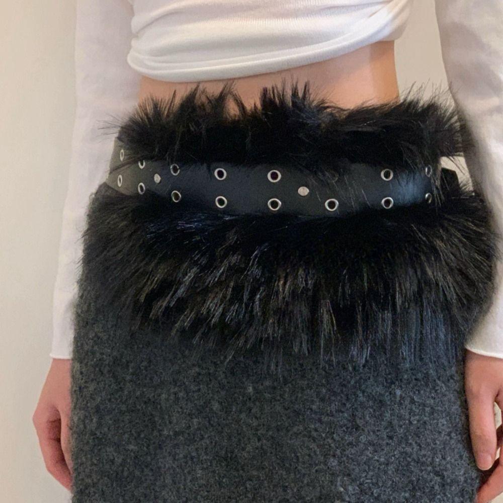 PU Leather Furry Waistband Rivet Plush Belt Simple Y2K Waistband Dress Decoration