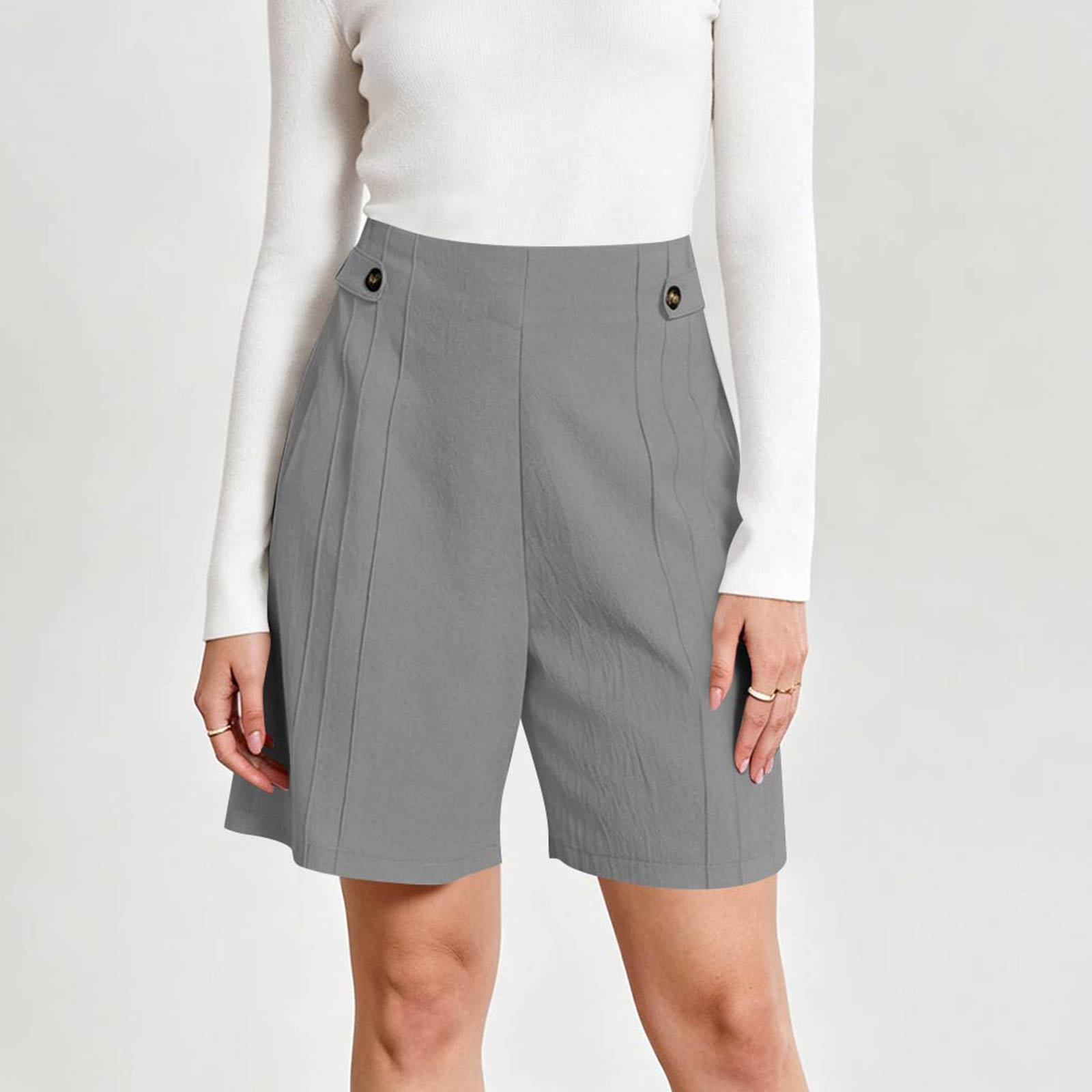 

Women’s Cotton Linen Blend Relaxed Fit Knee Length Shorts High Waist Button Detail Casual Summer Five Pocket Design S