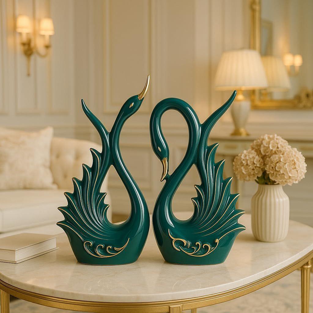 Modern Elite Swan Pair Ceramic Art Figurine | Beautiful Home Decor- 2 Piece, Dark Green, Medium