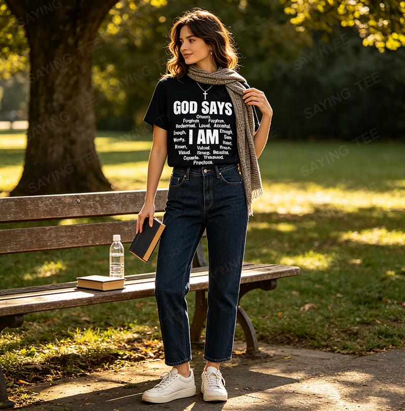Retro Christian Funny God Says I Am Chosen Forgiven Tshirt Y2k Faith Personalized Saying Tee Womens Fashion Power Clothes Gift