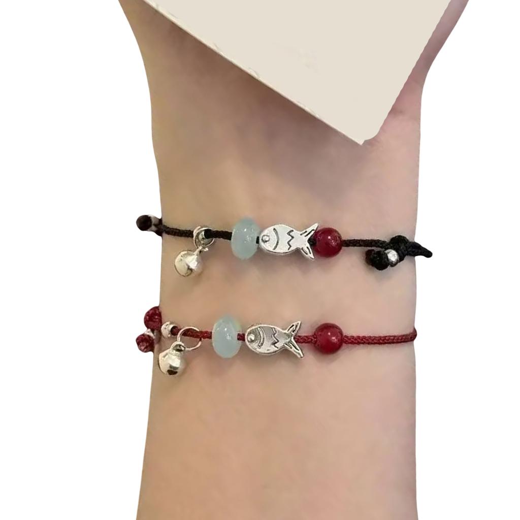 Pack of 2 Fish Charm Braided Bracelets Adjustable Red Black Cord Jewelry Wristband Accessory for Couples Friendship