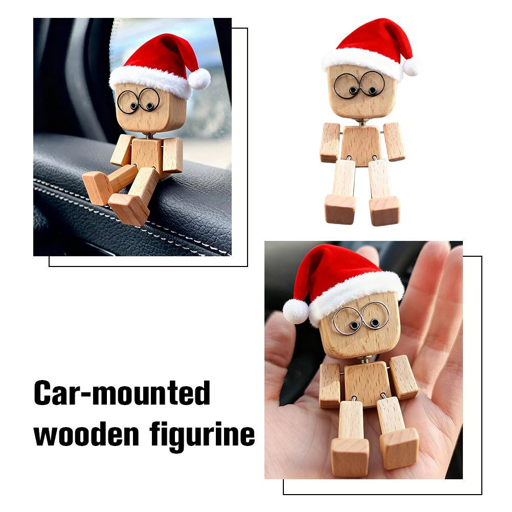 Christmas Hat Leg-swinging Robot Figurine Cute Wood Man Shaking Wooden Man Figurine With Function Of Changing