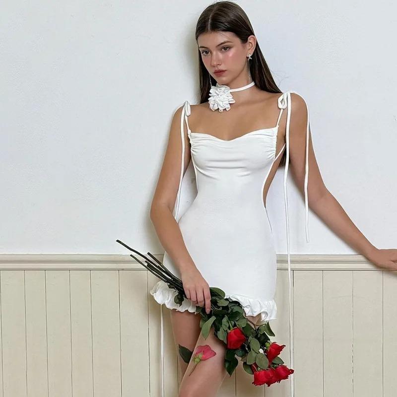 Summer Sexy Y2k Solid Sleeveless Dress Elegant Backless Lace-up Party Mini Dresses Female Fashion Chic Flounce Club Slim Clothes