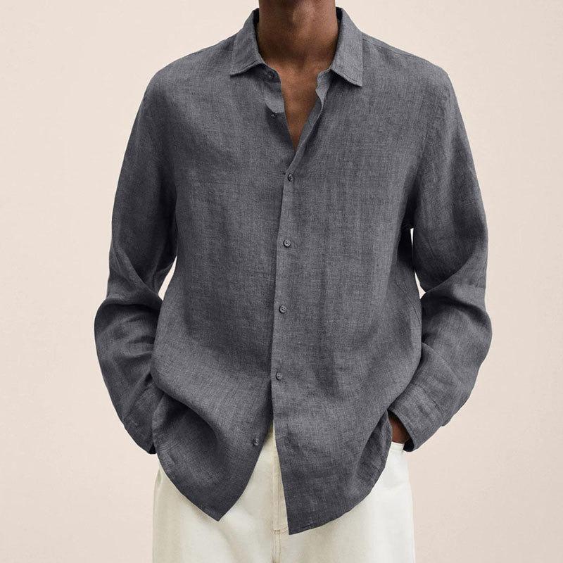 Men's Linen Cotton Long Sleeve Shirt Casual Loose Fit Button Down Collar Breathable Solid Color Summer Tops For Men