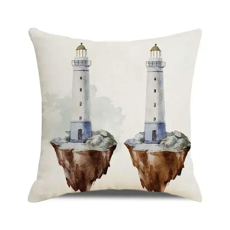 Watercolor Painting Nautical Lighthouse Ocean Seagull Boat Home Sofa Cushion Cover Home Decor Pillowcase