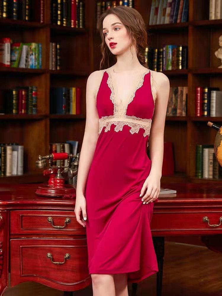 Sexy pajamas women's ice silk summer thin style big beauty back long style knee nightgown new style lace edge pure desire