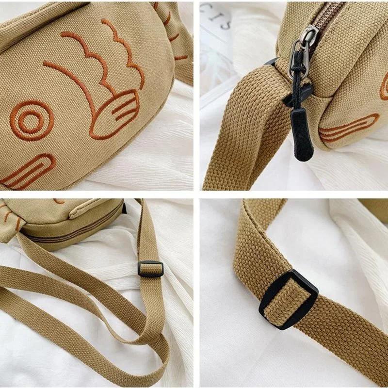 Cute Canvas Messenger Bag Japan Style Embroidery Fish Shape Portable Zippered Small Purses Handbags Mini Crossbody Bag