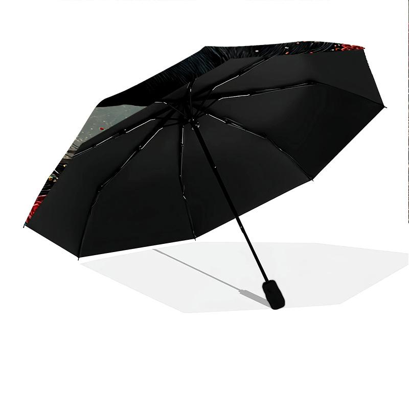 1 PC Automatic Folding Umbrella - Black Horse Pattern, Portable & Foldable Design with 8 Ribs, Christmas Birthday Gifts