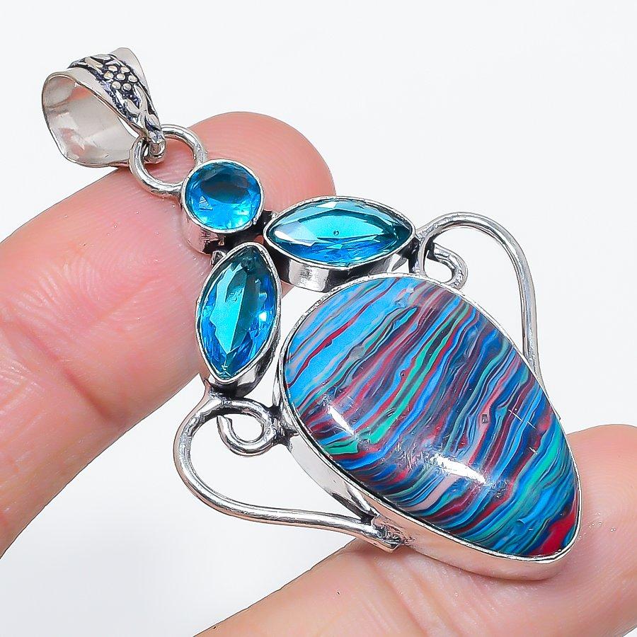 

Natural Rainbow Calsilica, Topaz 925 Sterling Silver Jewelry Pendant 2.29 C9l73