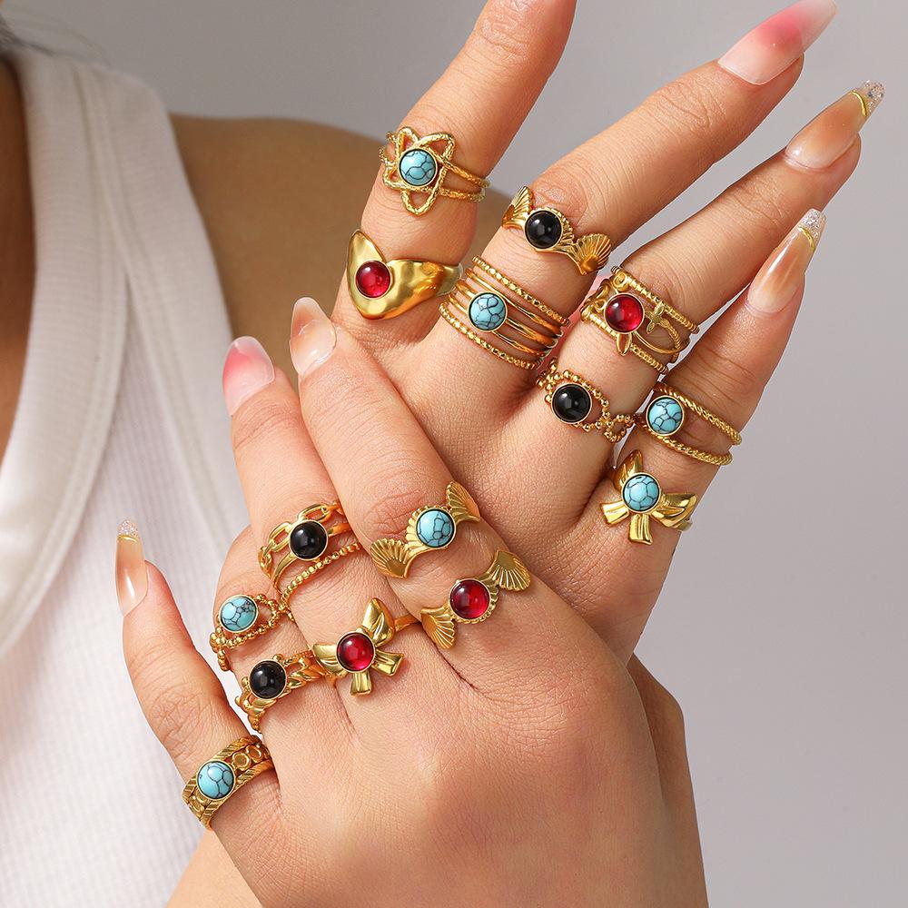Bohemian Retro Titanium Steel Turquoise Geometric Ring for Women