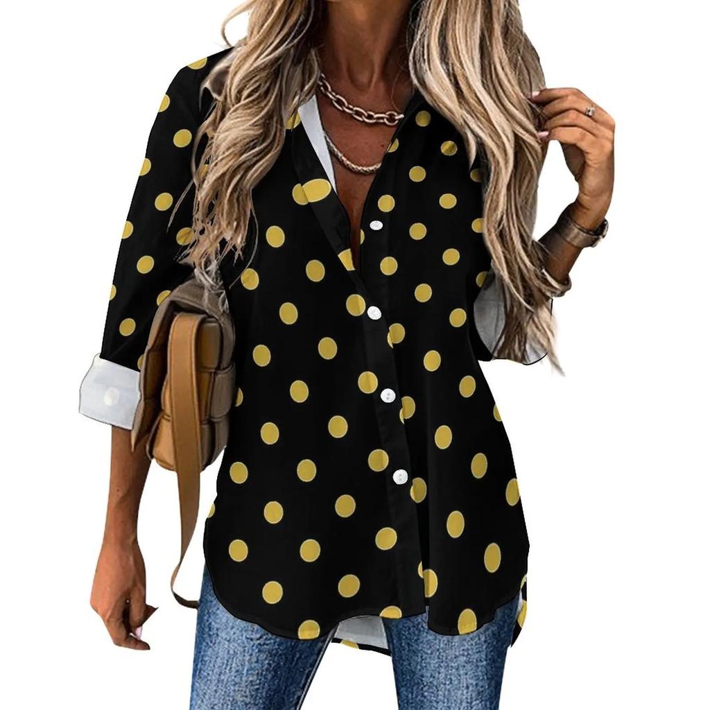Damen gepunktetes Hemd Mode Neu Frühling und Herbst Lässig Elegant Langarm Revers Oberteil Street Style Personalisiertes Hemd