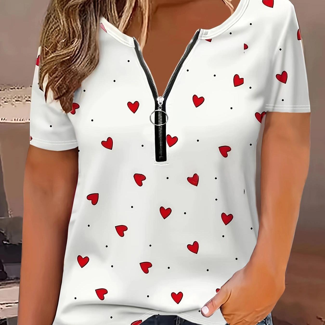 

Футболка с принтом в виде сердца, круглым вырезом, застежкой-молнией и короткими рукавами, модная повседневная женская одежда XXXL красный