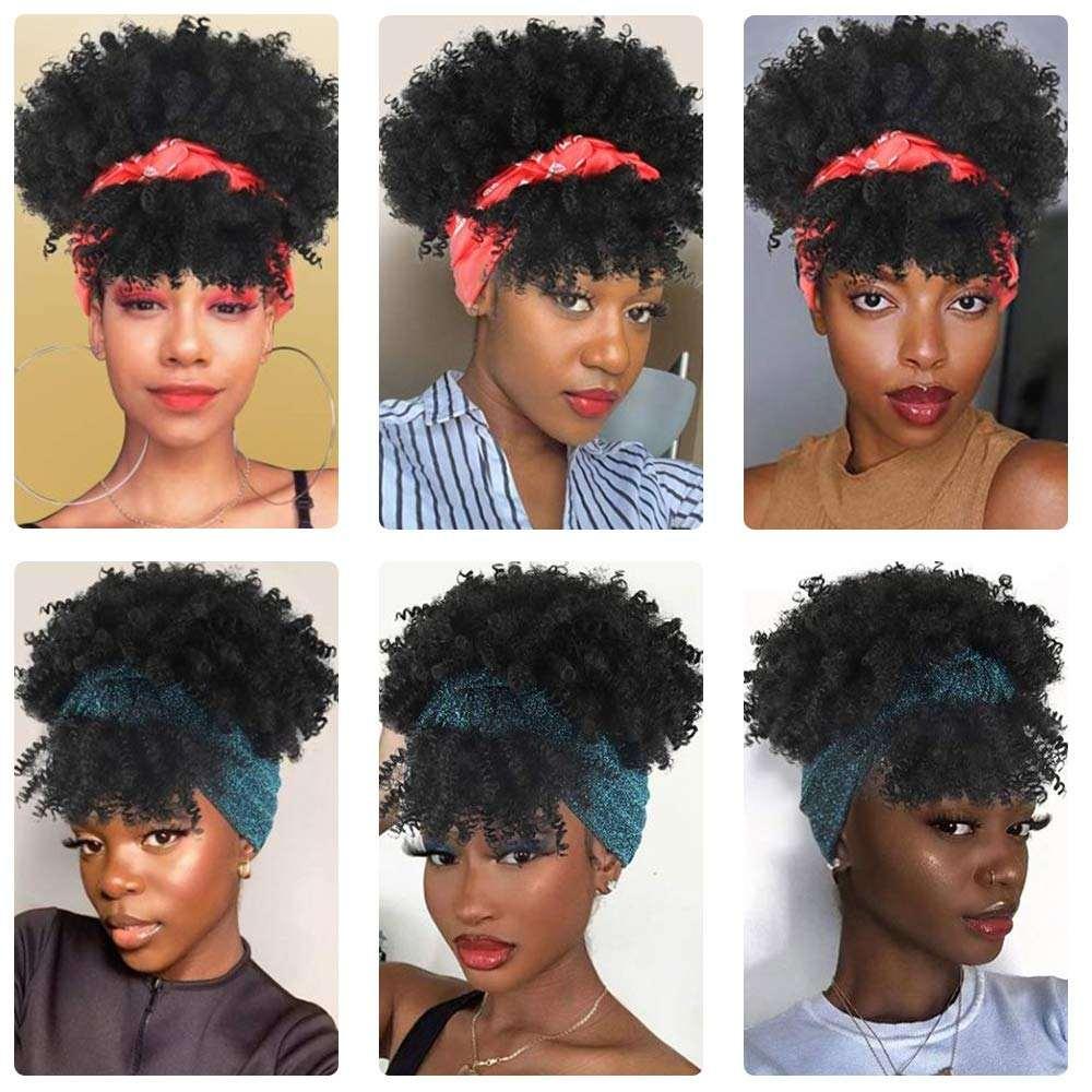 Afro Curly Kinky Synthetic Head Wraps Short Drawstring Puff Wigs with Small Cap Headband Scarf Wigs