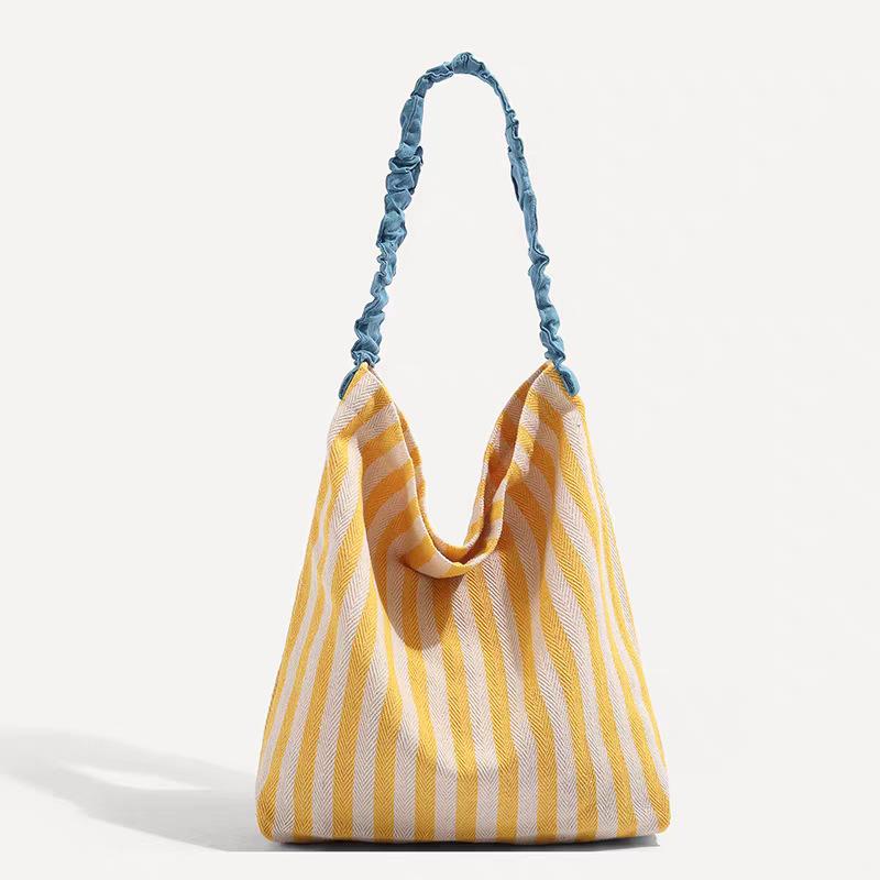 

Летняя маленькая свежая сумка через плечо из холста, новая контрастная полоска, большая вместительная сумка-тоут с плиссированным ремнем жёлтый