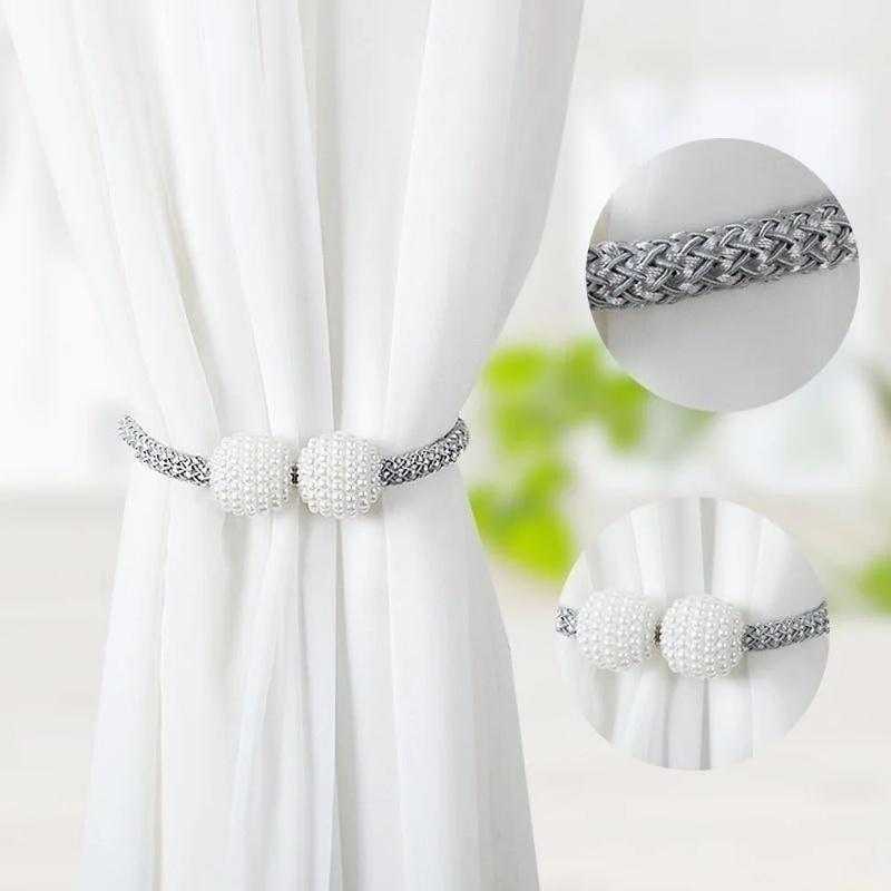 2pcs/pair Magnetic Curtain Tiebacks Curtain Hooks, Pearl Design Curtain Holdbacks, Bathroom Shower Curtain Accessories