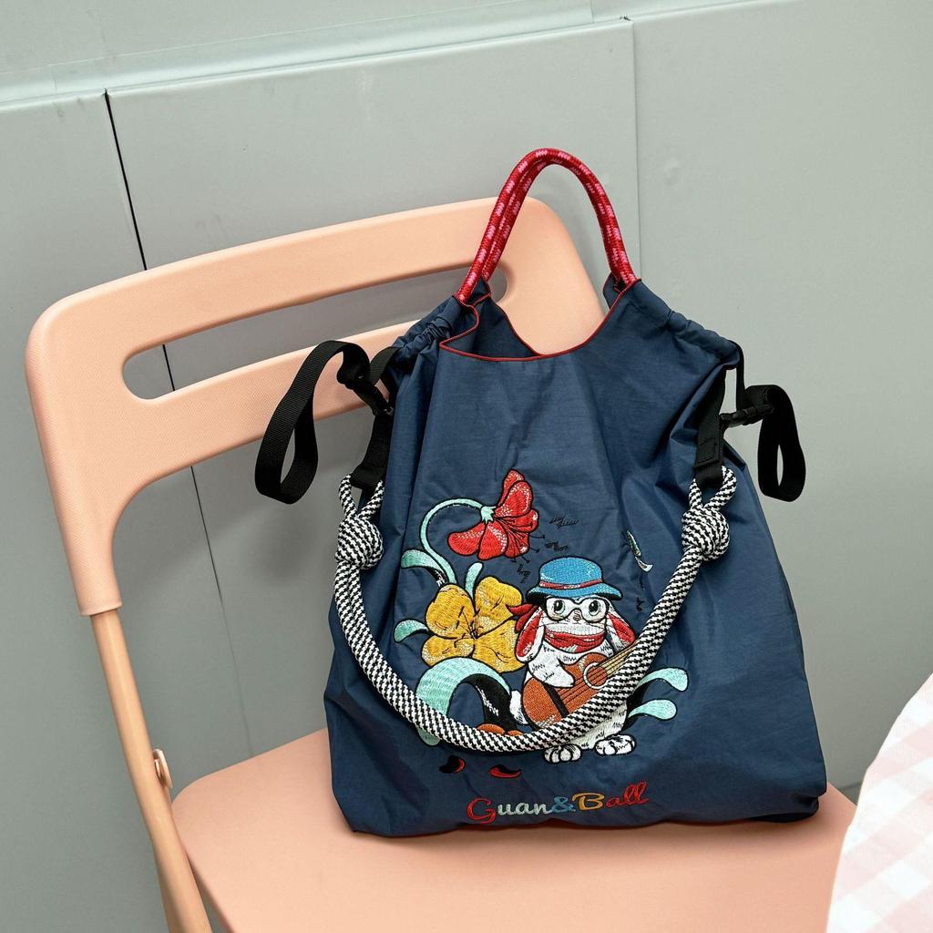 Trendy Large-Capacity Japanese-Style Nylon Embroidery Shoulder Bag for Women