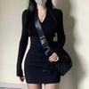 Pure Desire Zippered High-Neck Slim Fit Long Sleeve Bodycon Little Black Dress for Women – Autumn Hot Girl Style