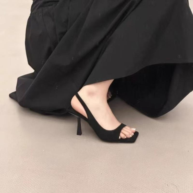 Fashion Open Toe Sandals Women's Simple Square Toe Shallow Mouth Temperament One Strap Anti-slip Wear-resistant Stiletto High Heels