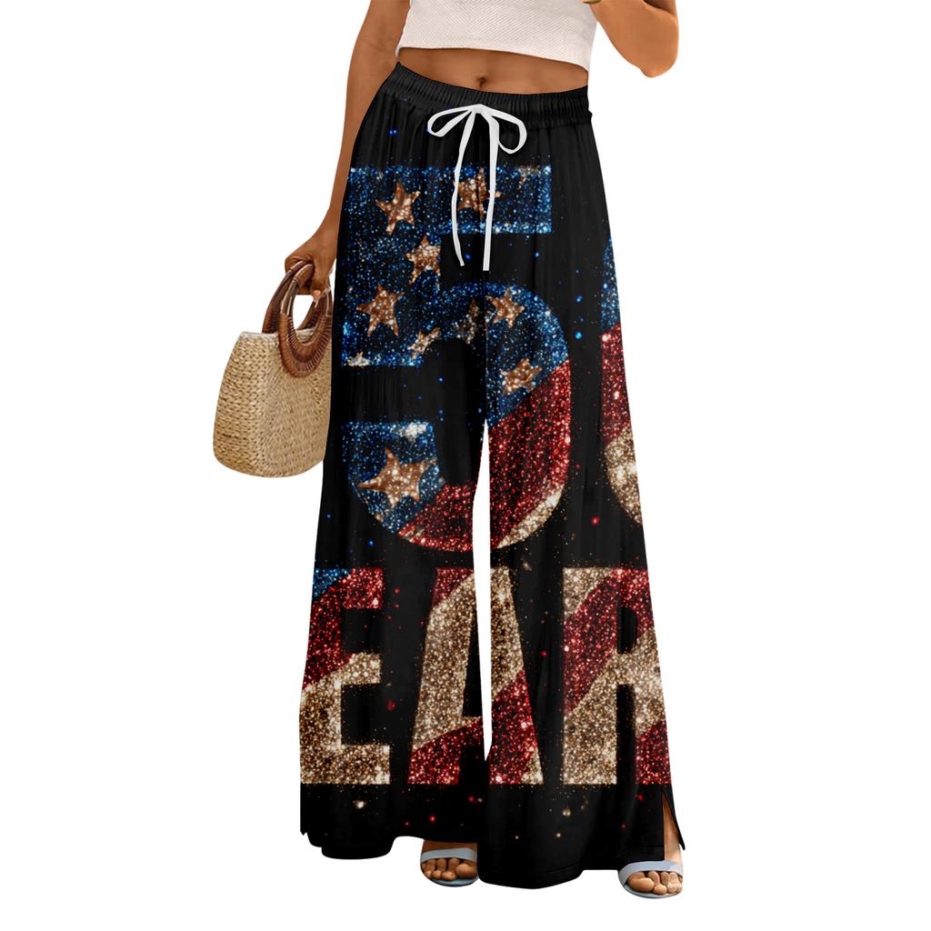 Women Summer Boho Palazzo Pants High Waist Wide Leg Floral Printing Casual Trousers With Pockets