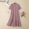 ZANZEA Women Casual Stand Collar Loose Short Sleeve Grid Print Dress