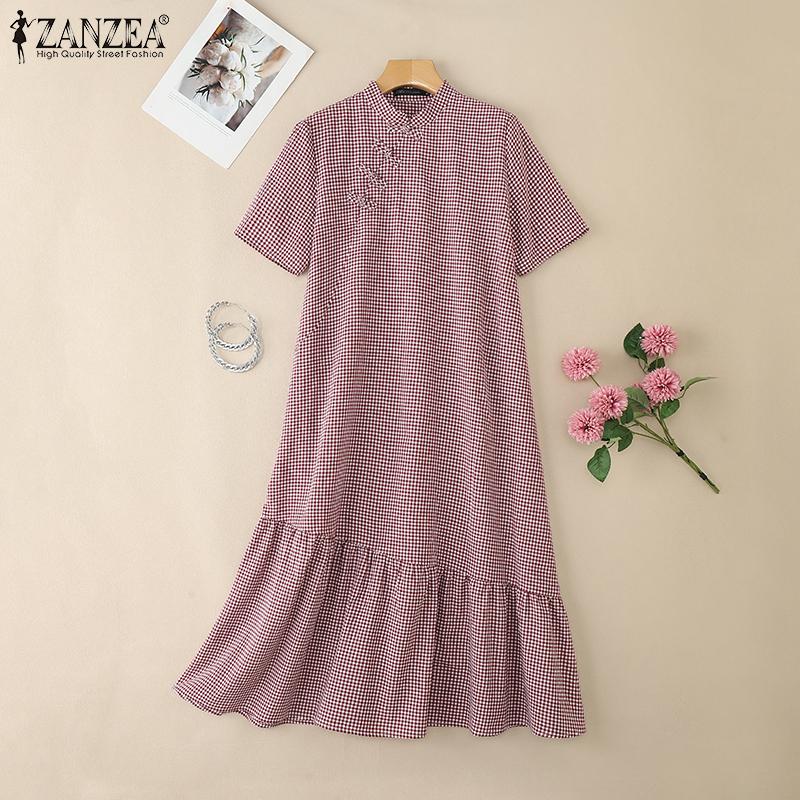 ZANZEA Women Casual Stand Collar Loose Short Sleeve Grid Print Dress