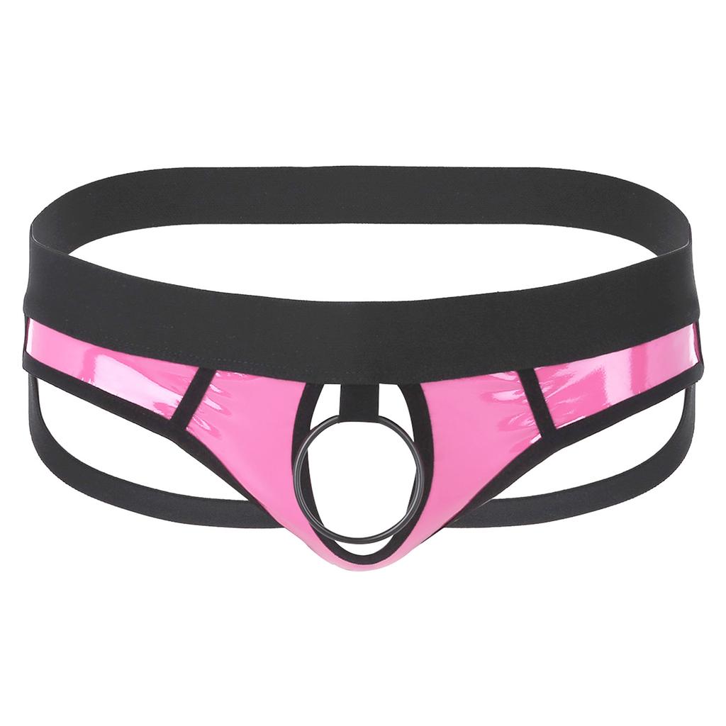 Men’s Lingerie Faux Leather Jockstrap Low Rise G-String Open Back Hollow Out Metal O-Ring Bikini Underwear for Date Night