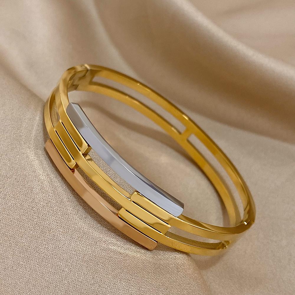 Stainless Steel Chunky Geometric Intersect Bracelets for Women Men Layered Gold Silver Color Rose Gold Hit Colors Bangles