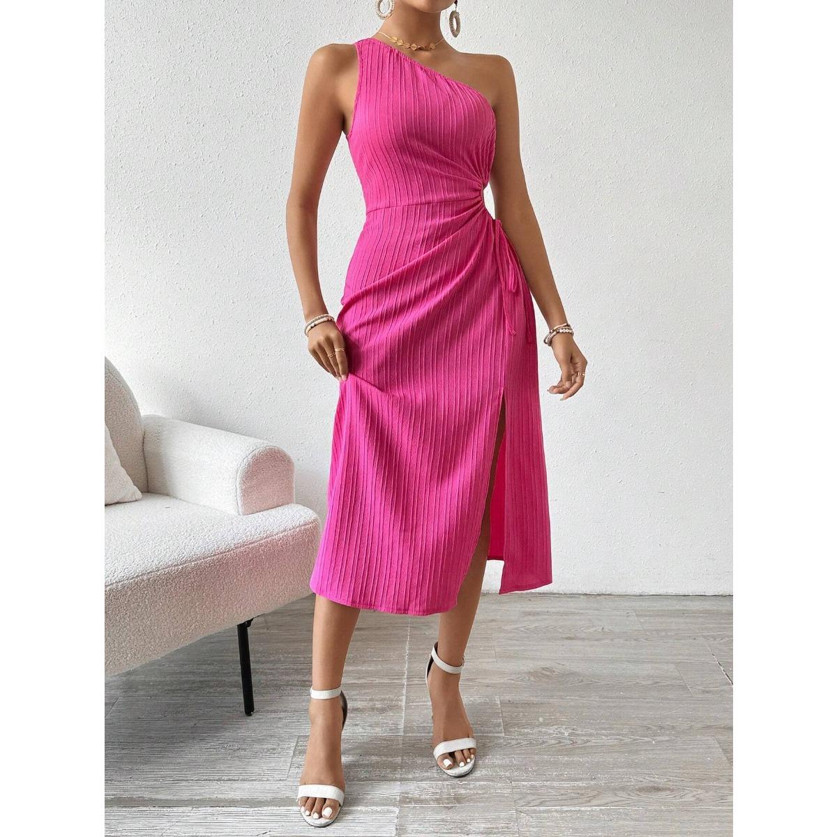 Women s One Shoulder Sleeveless Slim Midi Dress Solid Ribbed Split Cocktail Dress S