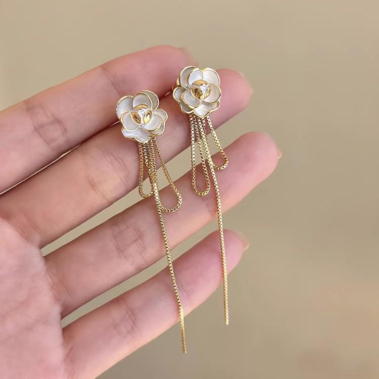 Elegant Camellia Tassel Earrings: French-Style, Two-Way Wear, Versatile White Studs