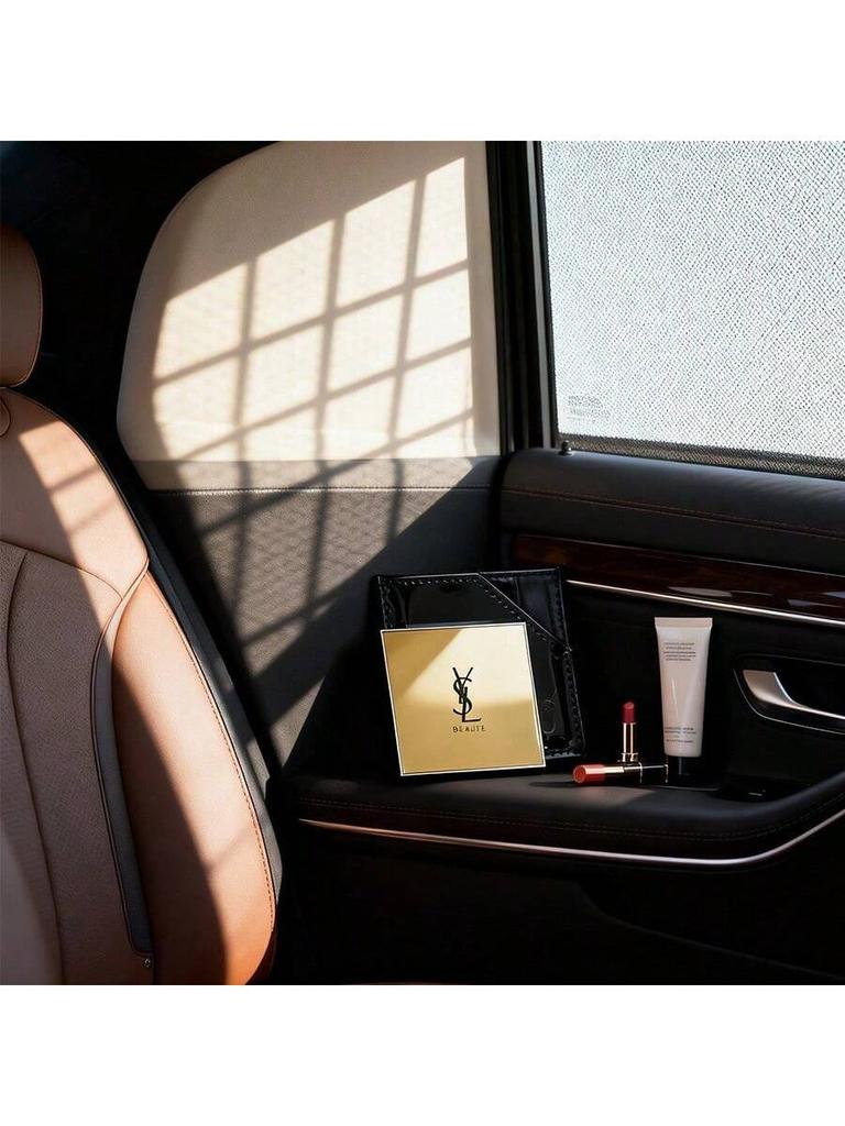 YSL tragbarer goldener einseitiger Schminkspiegel, mit schwarzem glänzendem Lederetui, Geschenk für Mädchen und Frauen.