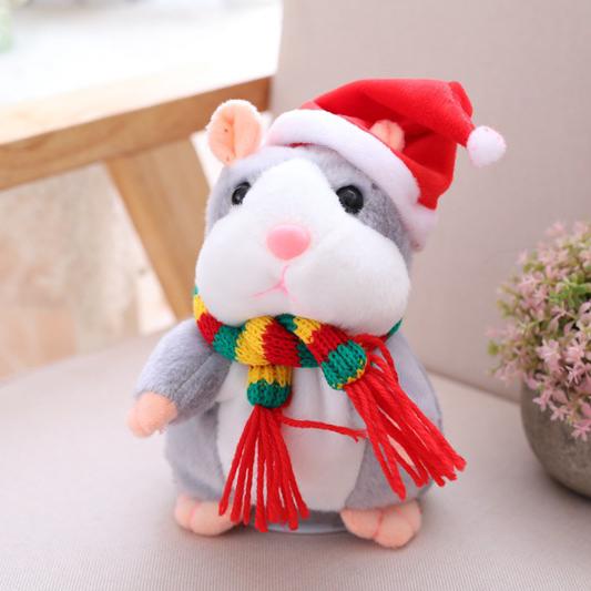 Talking Hamster Toy With Christmas Hat and Scarf серый