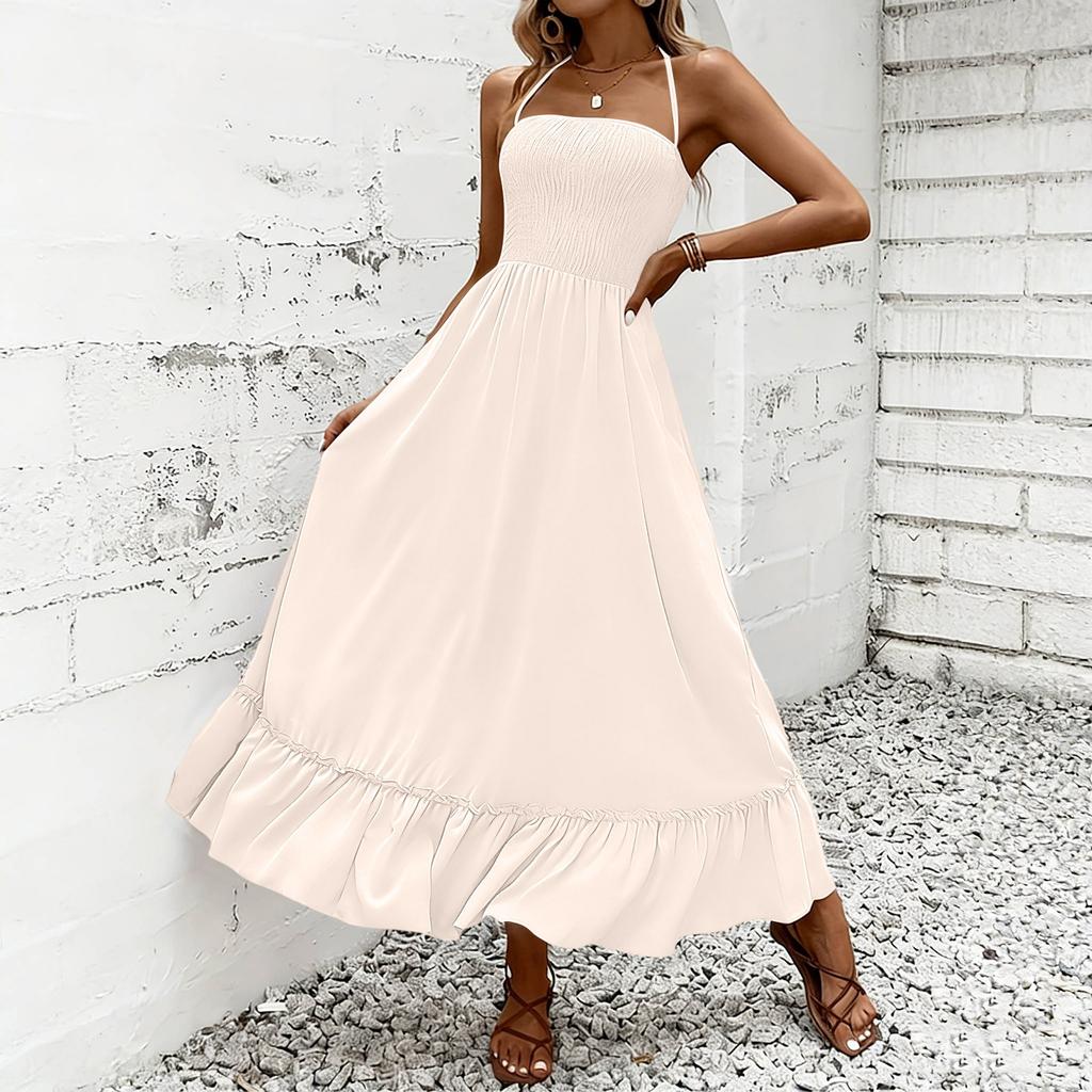 Women Neck Maxi Dress Sleeveless Solid Loose Fit Flowy Skirt Casual Sundress with Ruffled Hem Design