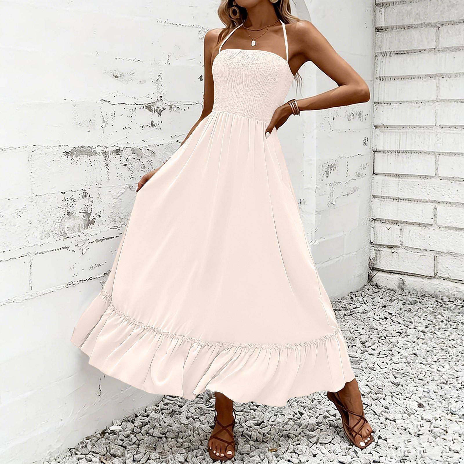 Women s Fashionable Casual -Color -Neck Dress With A Full Skirt XXL бежевый