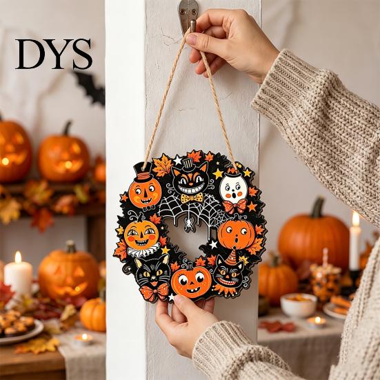 Halloween Theme Party Supplies Wooden Hollow Round Hanging Sign, Pumpkin Spider Web Haunted Ghost Bat Ornaments House Ornament with Hemp Rope, Festive
