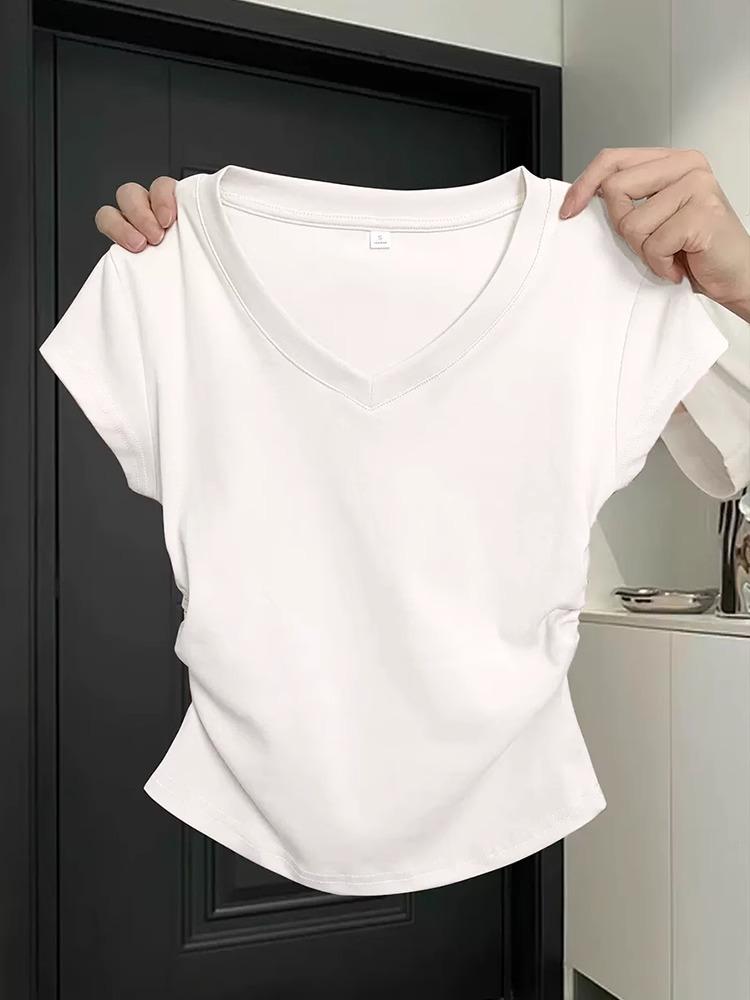 Women Solid Color Ruched Waist Slim Fit Cropped Short Sleeve T Shirt M