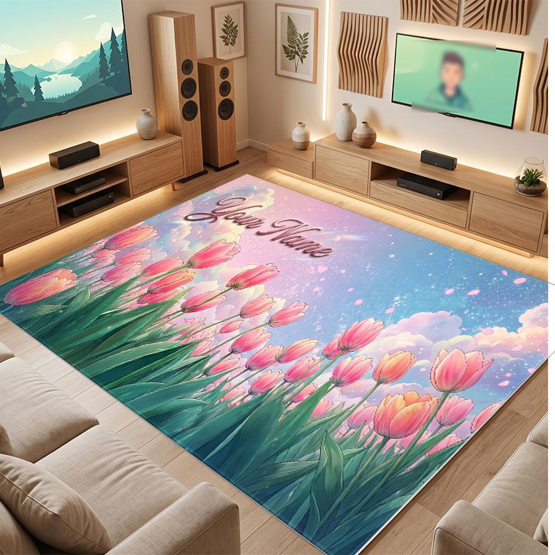 Floral Garden Theme Crystal Velvet Floor Rug Personalized Custom Name Text Warm Carpet Home Decoration
