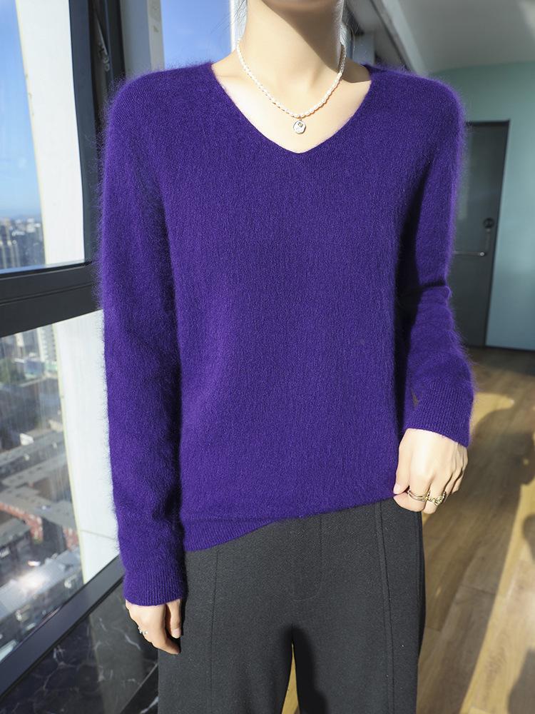 New Seamless Mink Velvet V-Neck Cashmere Sweater for Women - Loose Fit, Solid Color, Short Pullover Knitwear for Autumn and Winter