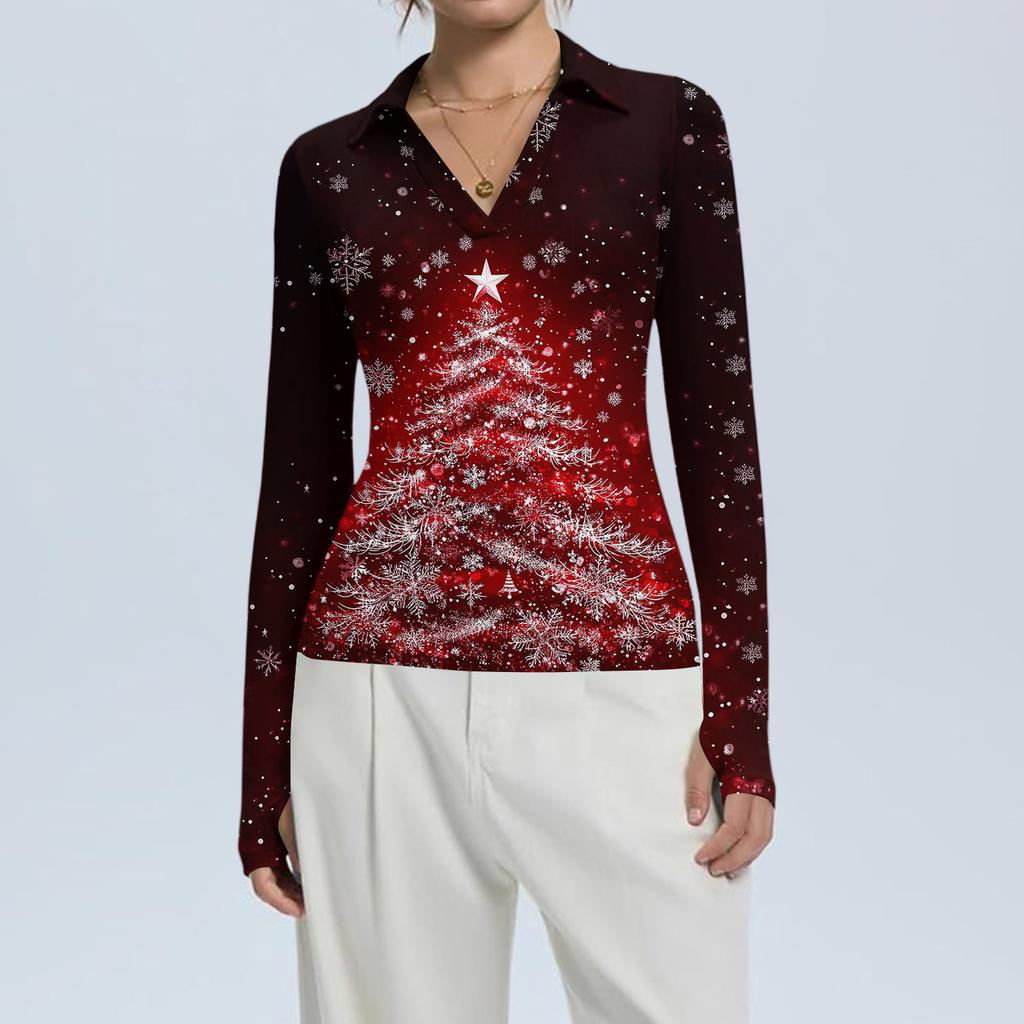 Damenmode Lässig Weihnachts-Print V-Ausschnitt Langarm Knopfleiste Oberteil