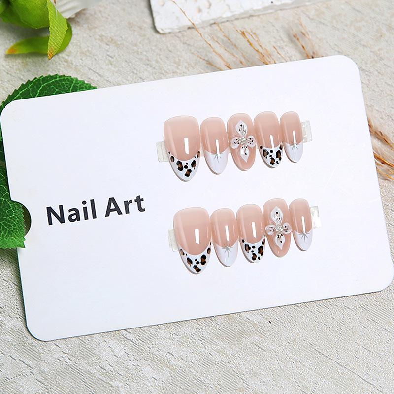 3D Stereo Floral Short Almond Nails with Leopard Print