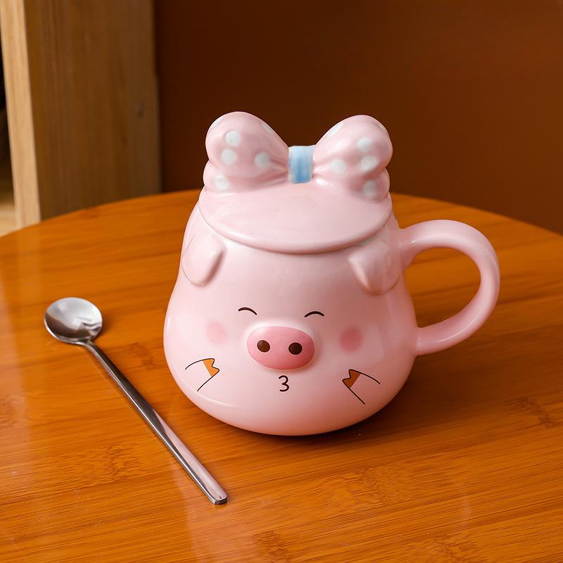 Creative Ceramic Mug Cute Pig Pink Girl Heart Cartoon Cup with Lid Spoon Water Cup Breakfast Cup Coffee Cup