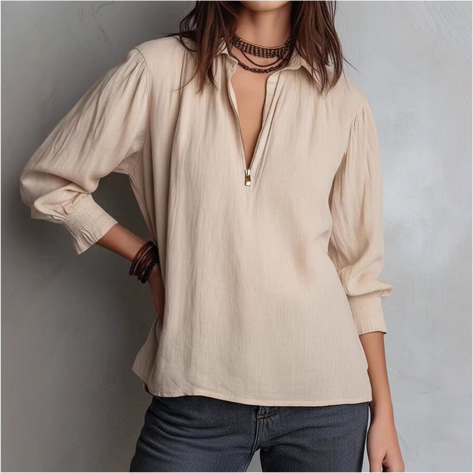 Women s Fashion Color Flared Lapel Zipper Cotton-Linen Loose Shirt Top S хаки