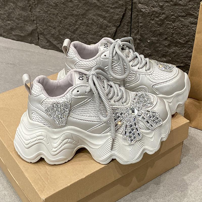 Fashion 8CM High Platform White Shoes Women New 2025 Summer Breathable Crystal Chunky Sneakers Designer Thick Sole Sports Shoes