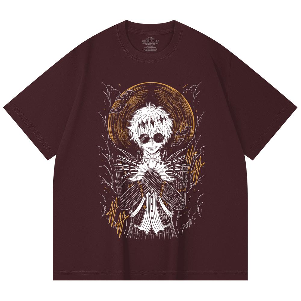 

230 Gsm 100% Cotton Jujutsu Kaisen V57 Gojo Skully Print Unisex Heavy Cotton T Shirt 2XL вина червоного кольору