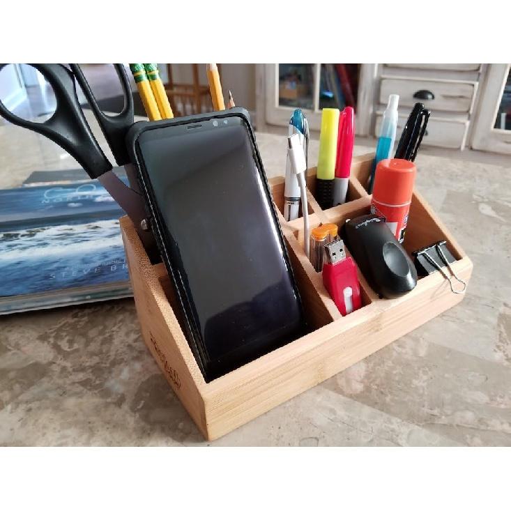 Small Multifunctional Bamboo Organizer | Desk Caddy | Home Office Accessory Tray | School Art Supply Holder | Pen Pencil Brush Compartment | Kitchen