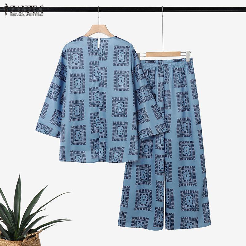 ZANZEA Women Long Sleeve Blouse and Pants Casual Print Two Piece Suit Sets
