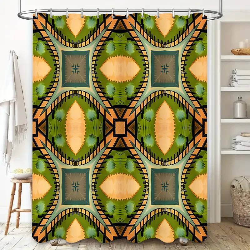 Modern Geometric Shower Curtain Decor With Symmetrical Patterns Orange Green Blue Waterproof Fabric For Bathrooms