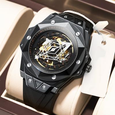 QINGXIYA Black Automatic Watch Skeleton Hollow Mens Wristwatches Quality Silicone Waterproof Luminous Hands Military Watches