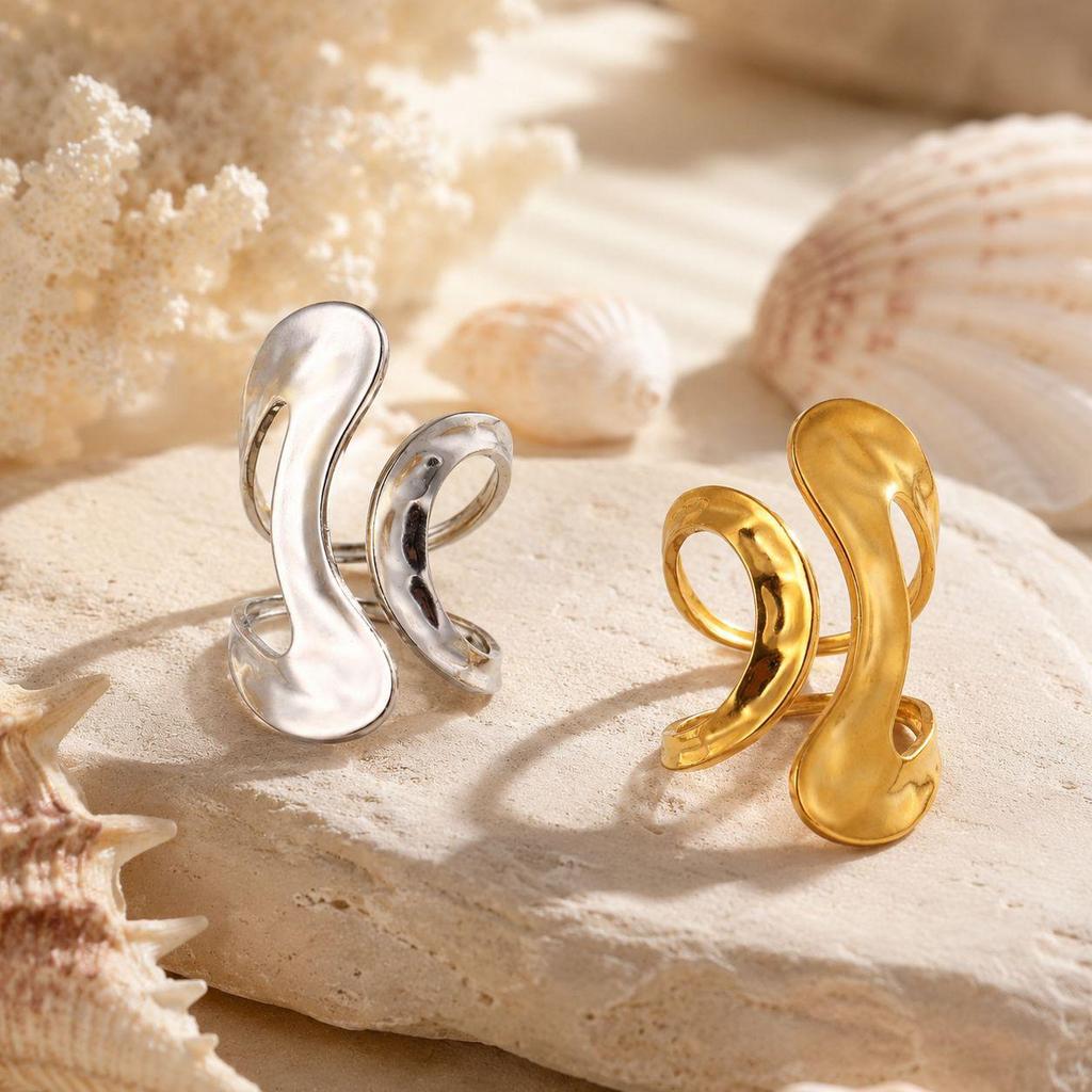 18K Gold Stainless Steel Double-Curved Geometric Ring for Women - Elegant European & American INS Style.